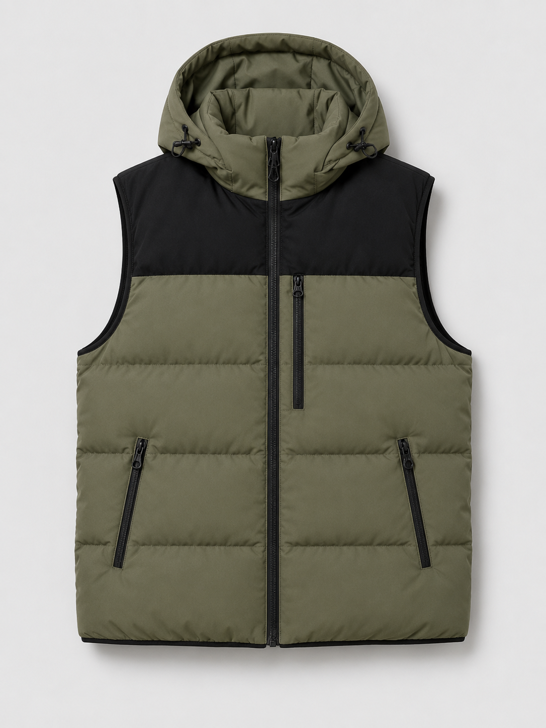 Green men’s hooded windproof puffer vest with thick padding and zip-up front displayed on a plain background