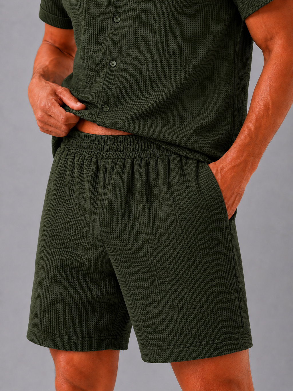 Green cotton two piece set for men lightweight casual summer wear with jacquard texture