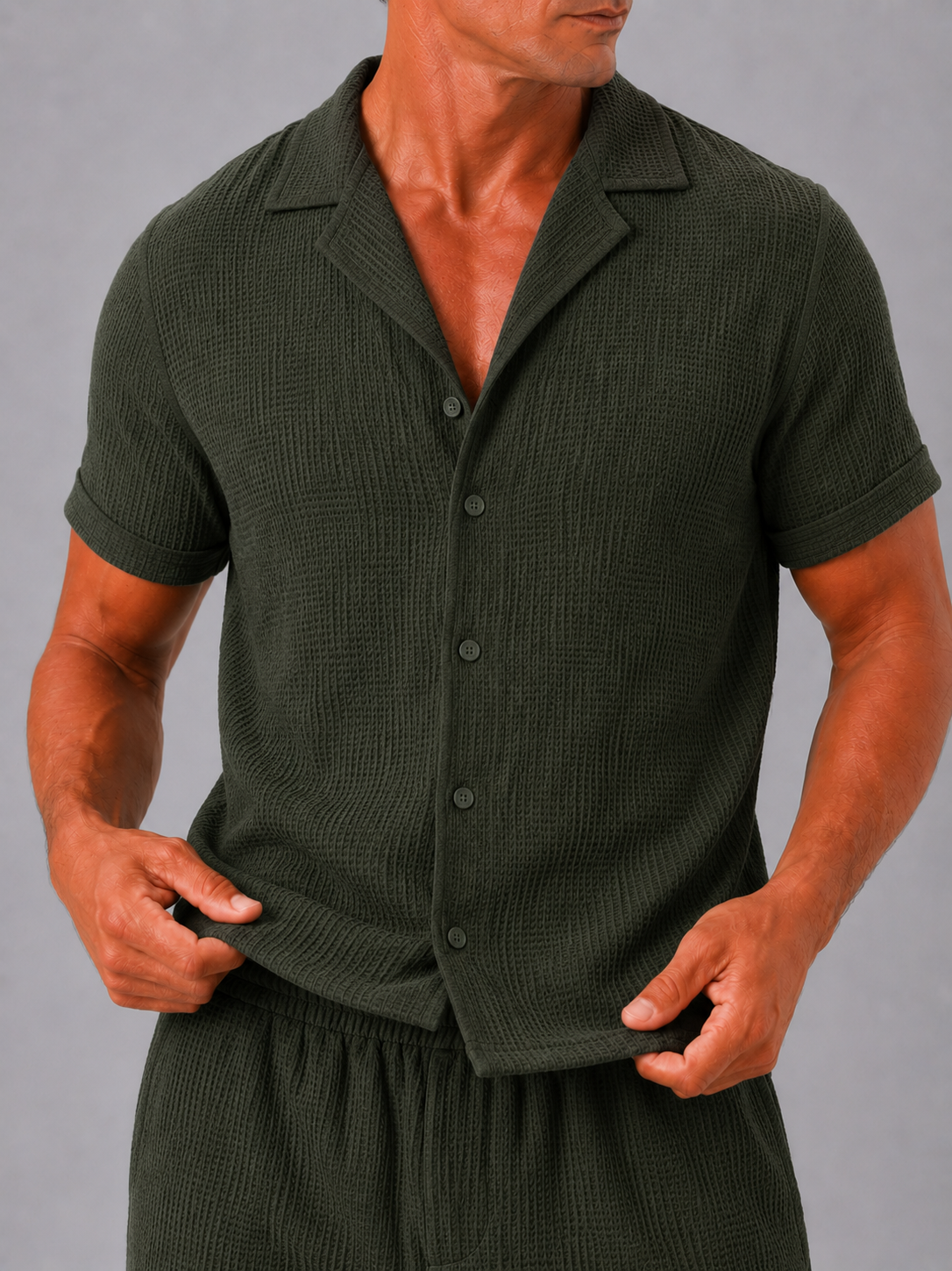 Close up of green jacquard cotton set showing textured fabric and refined woven detail