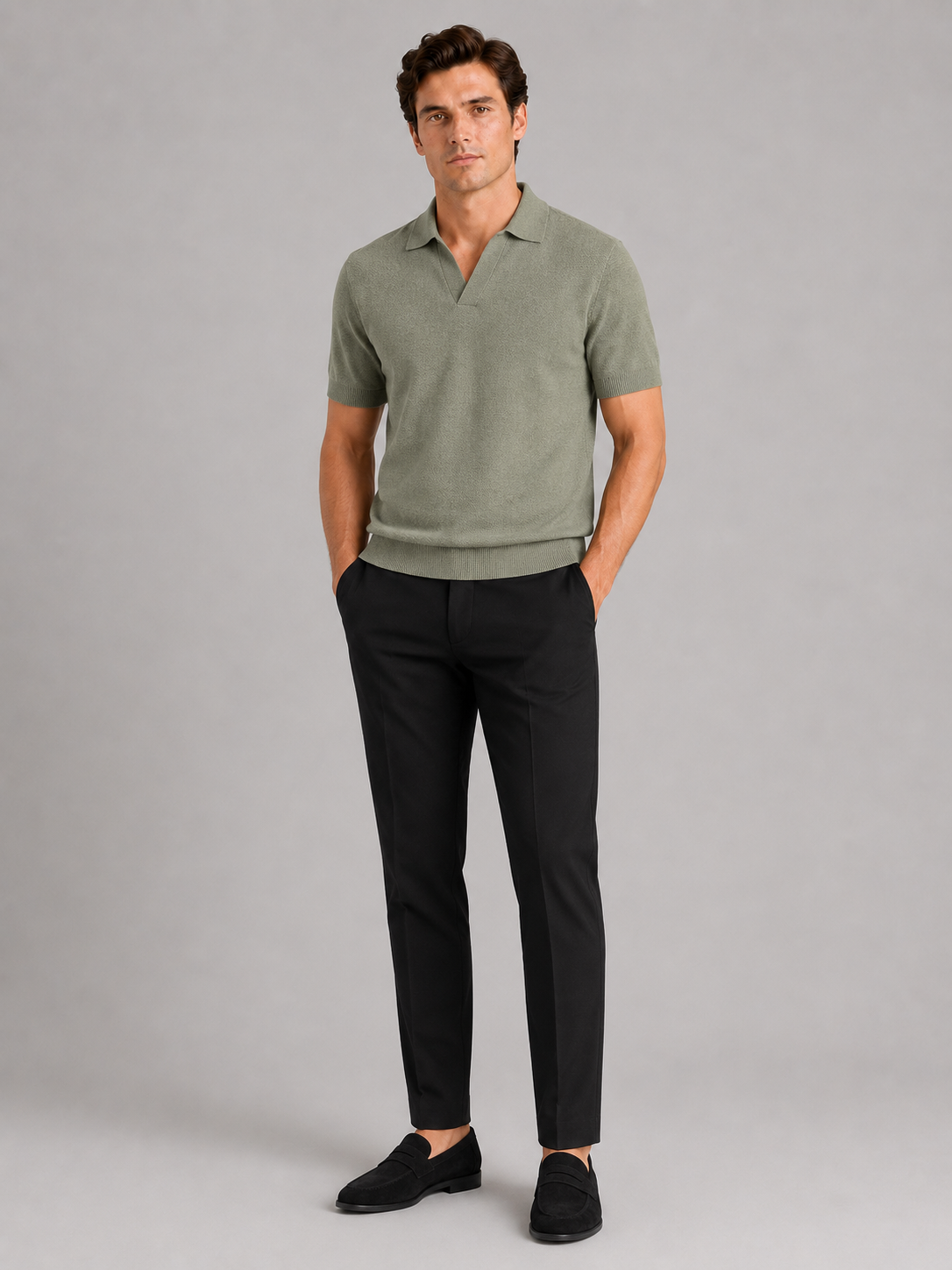 Green knit polo t shirt for men lightweight short sleeve top for vacation and everyday wear
