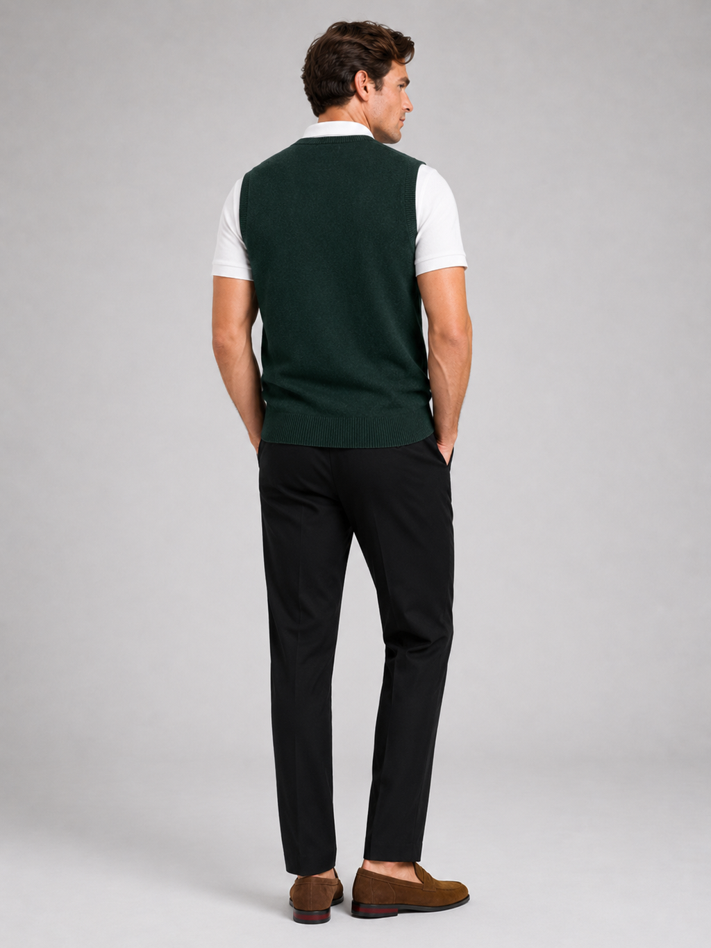 Men’s green v neck sweater vest comfortable knit layer for business casual outfits