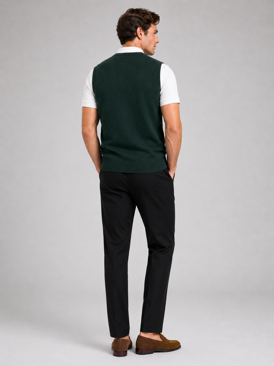 Men’s green v neck sweater vest comfortable knit layer for business casual outfits