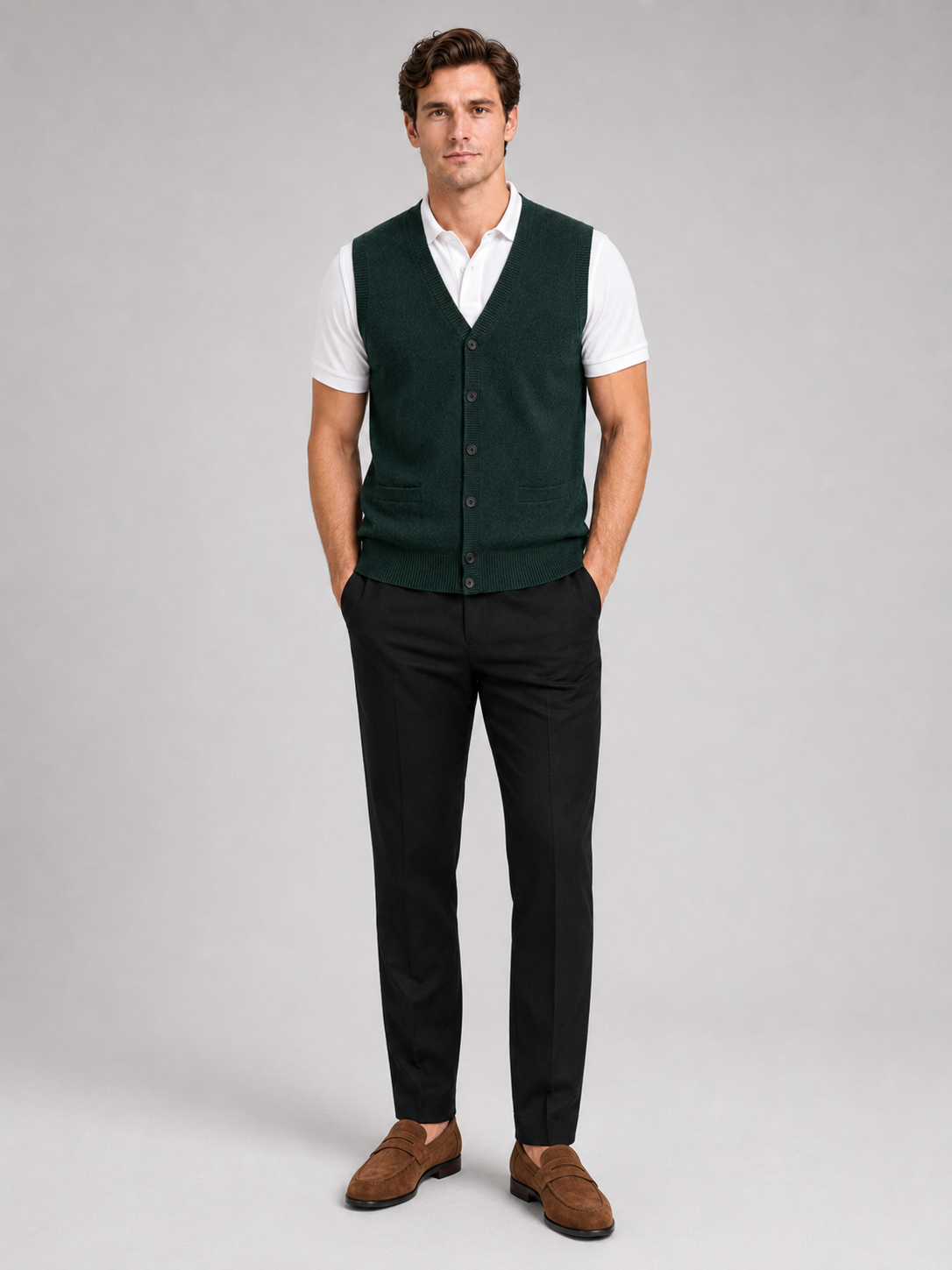 Green knit sweater vest for men button up fall winter layer for office and everyday wear