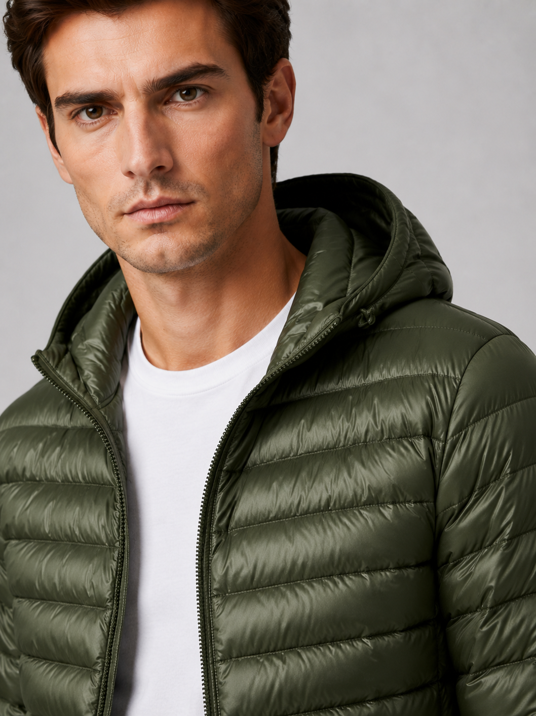 Close up of green hooded down jacket showing lightweight quilted insulation, attached hood, and weather resistant fabric detail