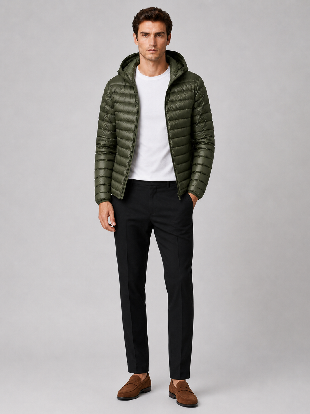 Green lightweight hooded down puffer jacket for men warm fall winter coat for travel and everyday wear