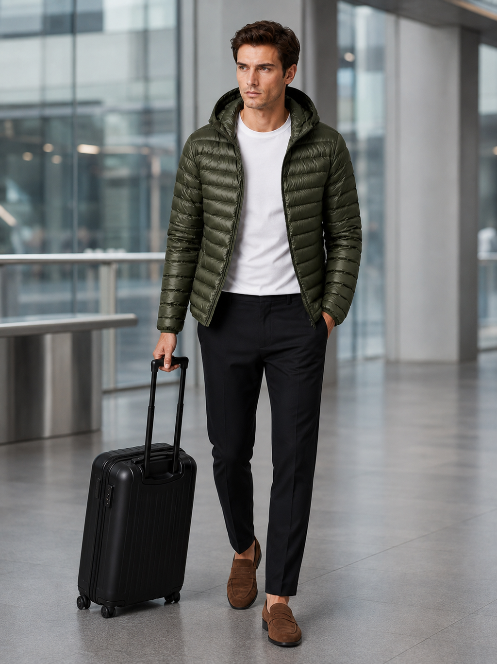 Man styling green hooded down puffer jacket in a rugged travel and everyday winter lifestyle outfit