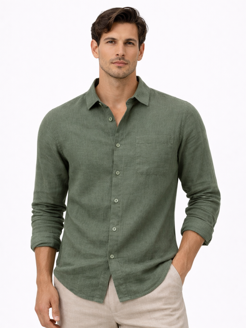 Men wearing green linen shirt lightweight breathable long sleeve relaxed summer style