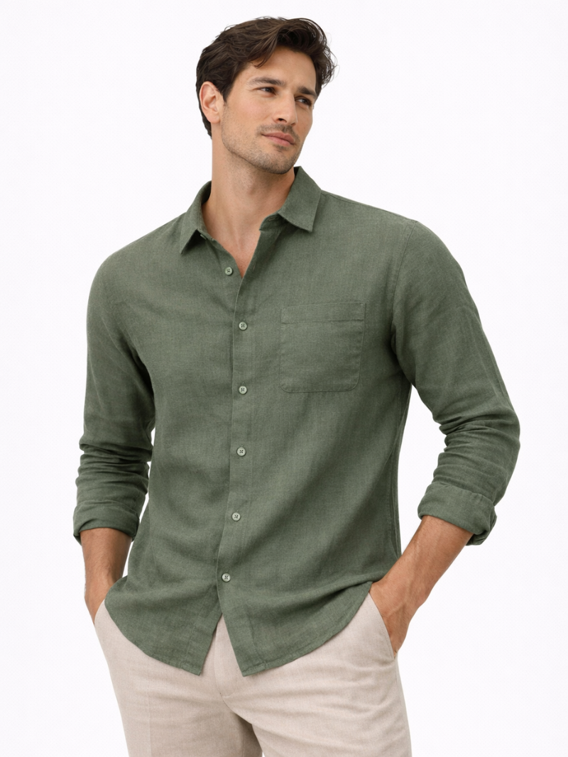 Green lightweight linen shirt soft breathable fabric minimal modern casual look