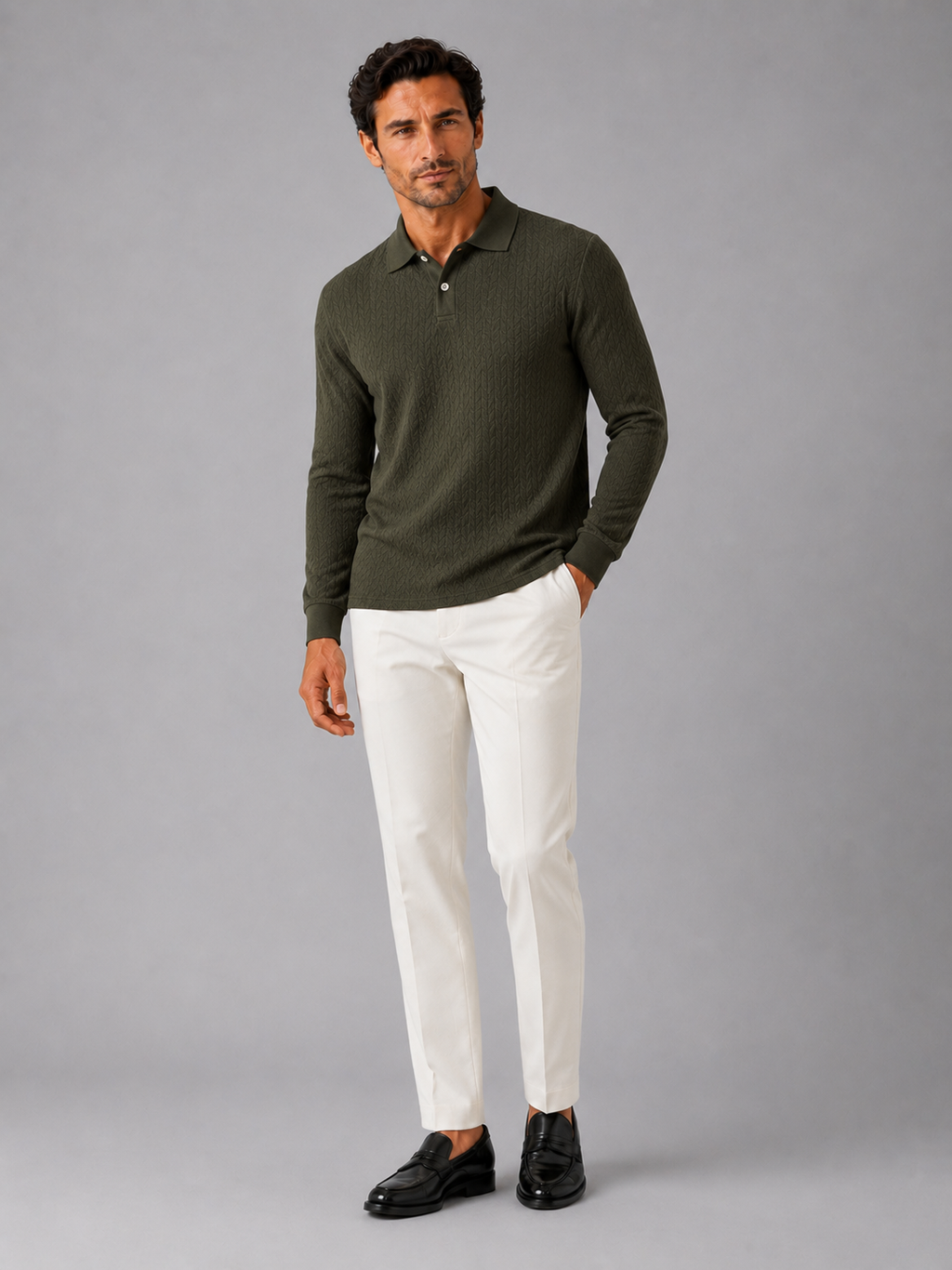 Green long sleeve polo shirt for men comfortable knit top for office and vacation outfits