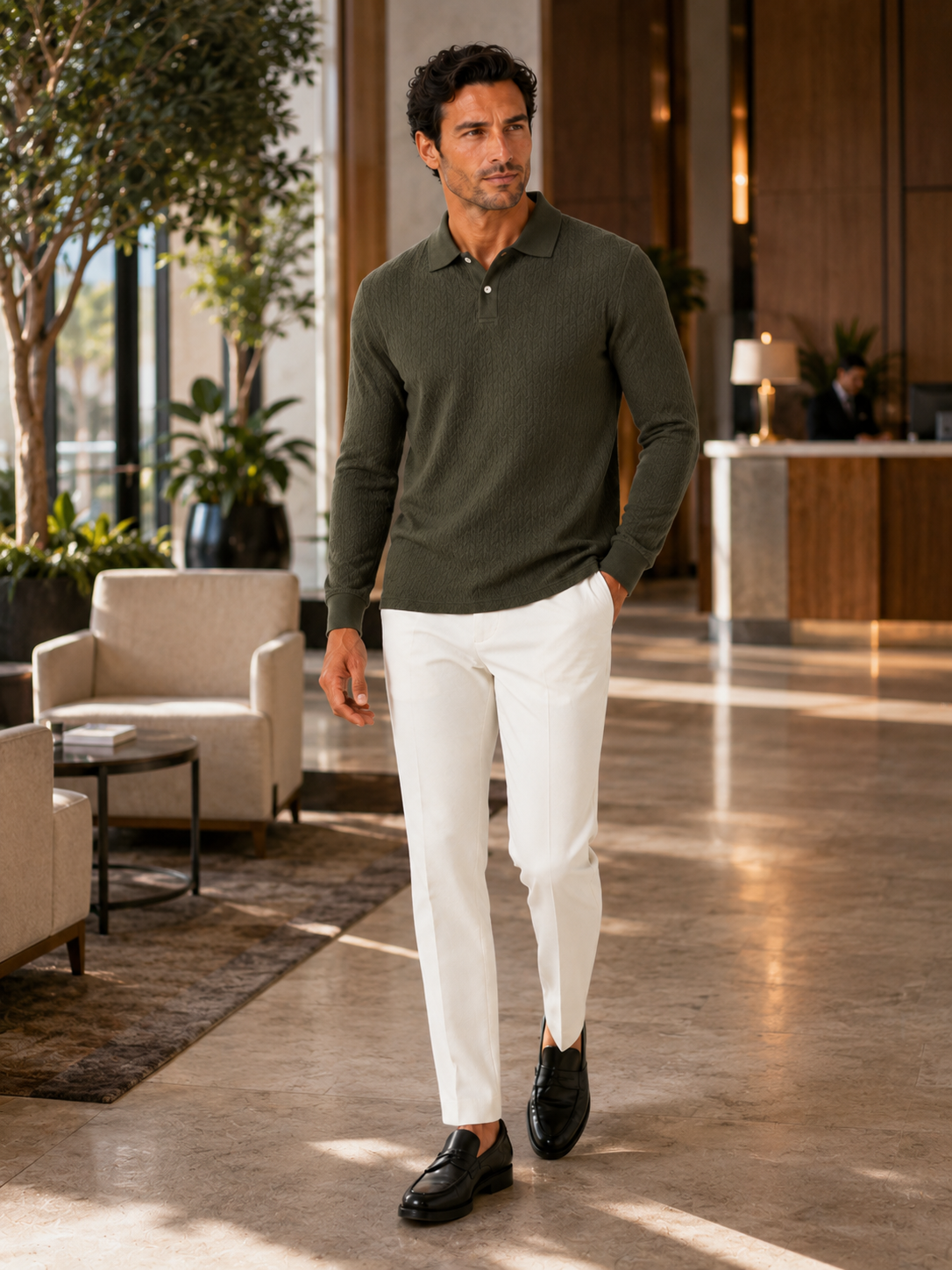 Man styling green long sleeve polo shirt in a relaxed office and vacation lifestyle outfit