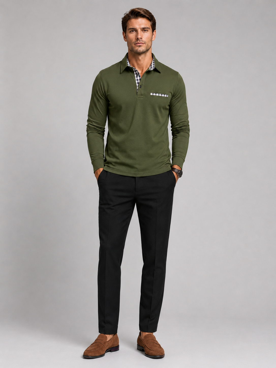 Green long sleeve polo shirt for men plaid panel casual top for everyday and office wear