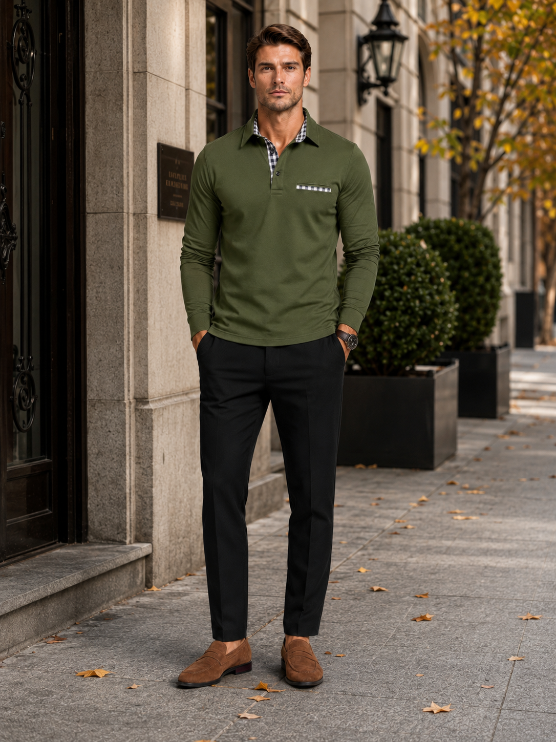 Man styling green long sleeve polo shirt with plaid panel in a relaxed everyday business casual outfit