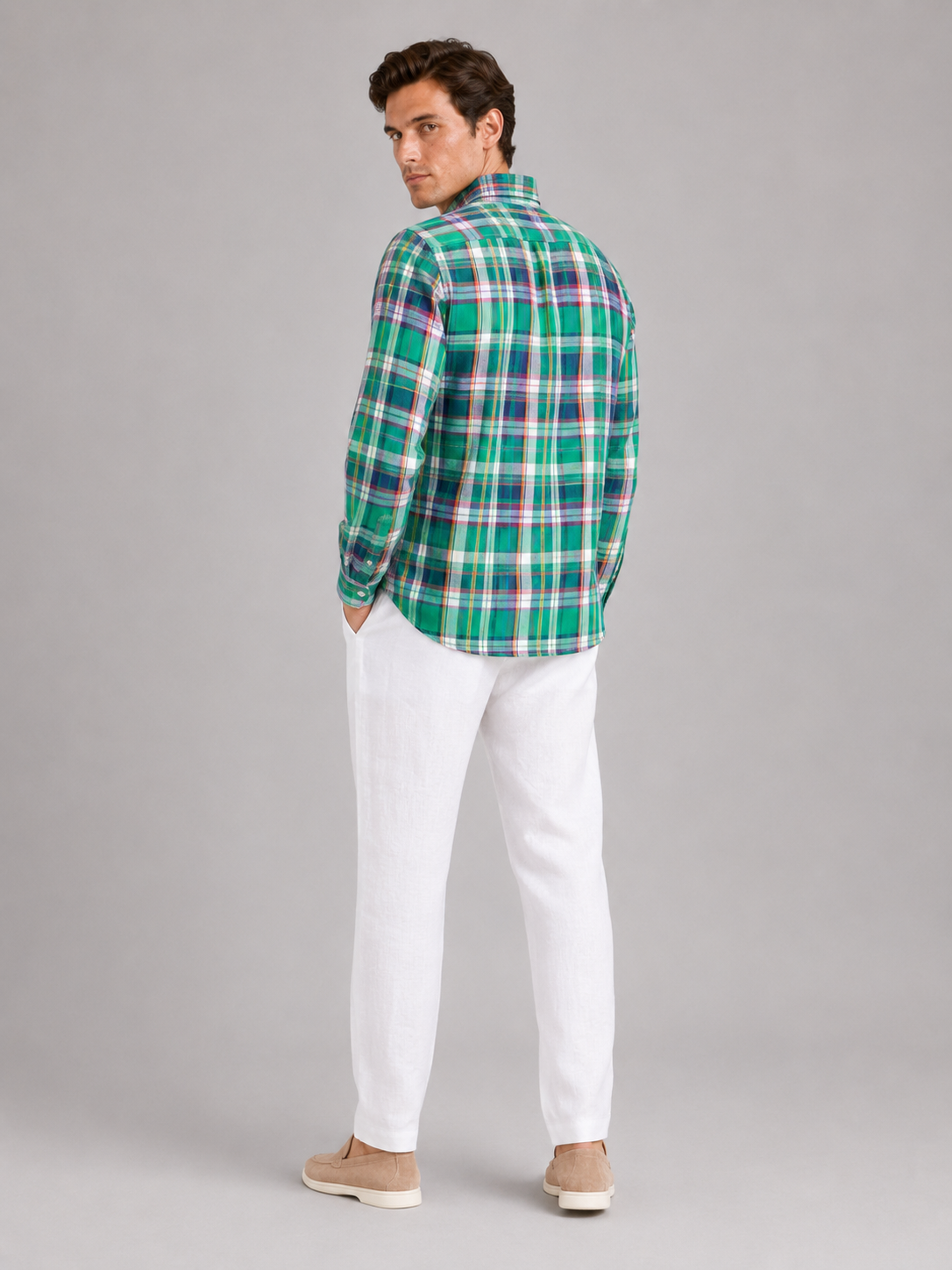 Men’s green plaid striped madras shirt long sleeve casual cotton top for relaxed outfits