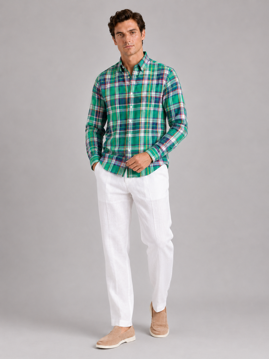 Green madras cotton shirt for men slim fit button up for spring everyday wear