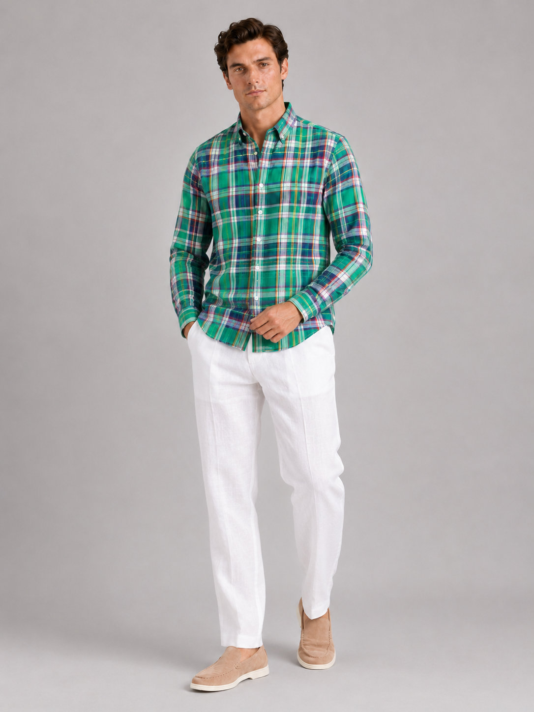 Green madras cotton shirt for men slim fit button up for spring everyday wear