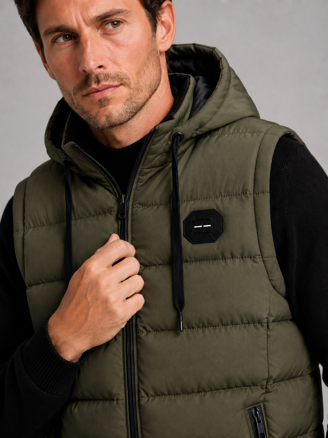 Close-up of a green hooded puffer vest showing the cotton padding, thick insulation, zipper closure, hood, pockets, armholes, and stitching details
