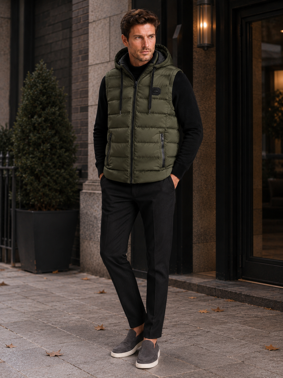 Man wearing a green hooded puffer vest in a casual fall winter outfit for outdoor and everyday wear