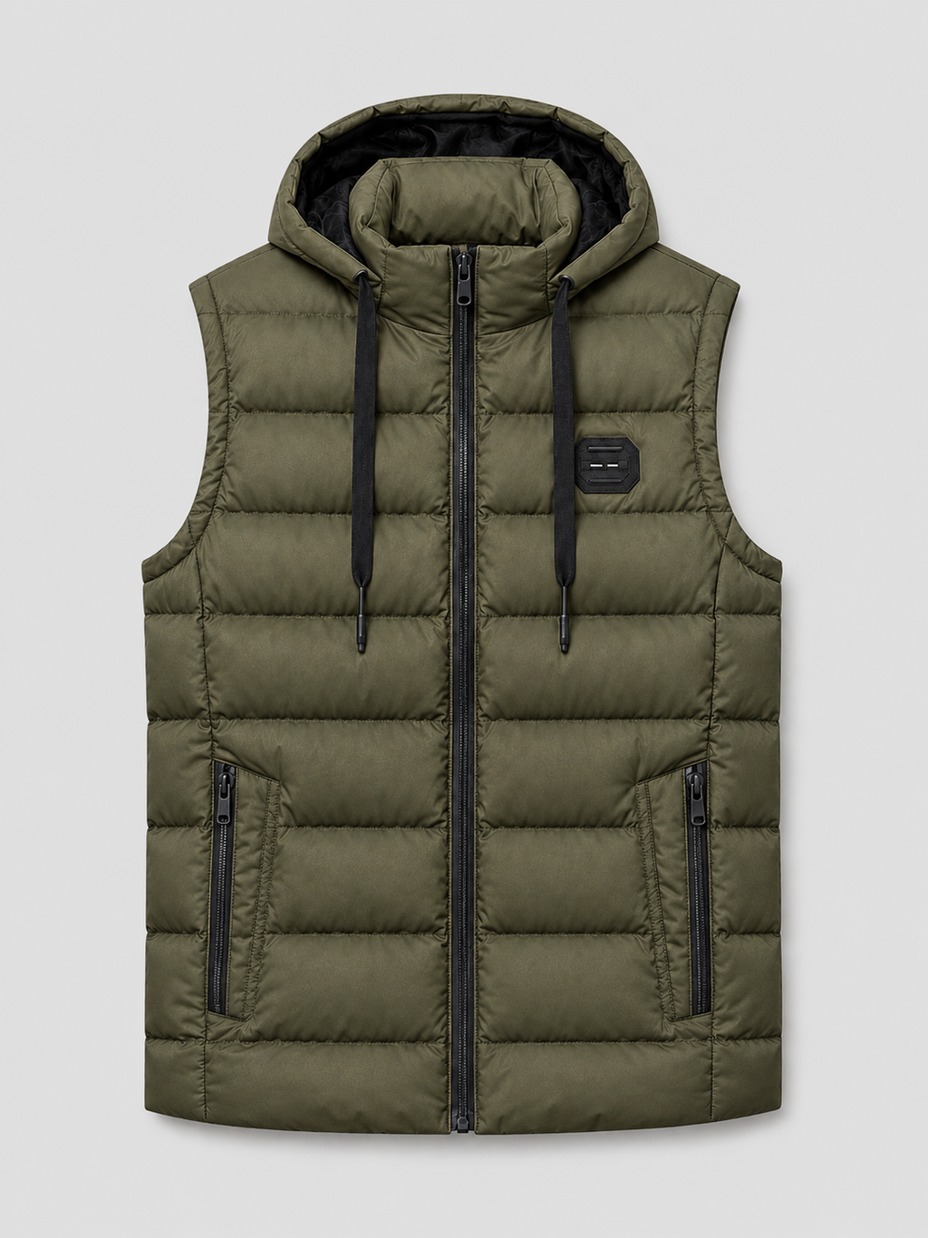Green men’s hooded cotton padded puffer vest with a thick warm design displayed on a plain background