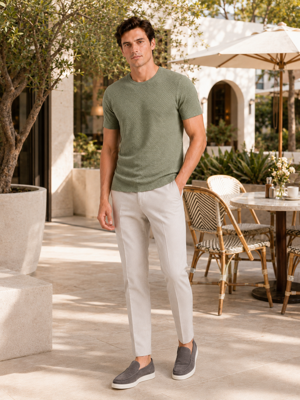 Man styling green mesh crew neck t shirt in a fresh summer everyday lifestyle outfit