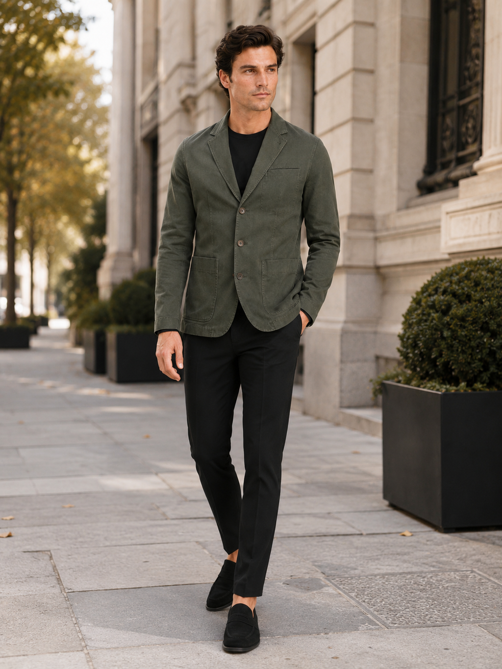 Man styling green military blazer jacket in a refined business casual and everyday lifestyle outfit