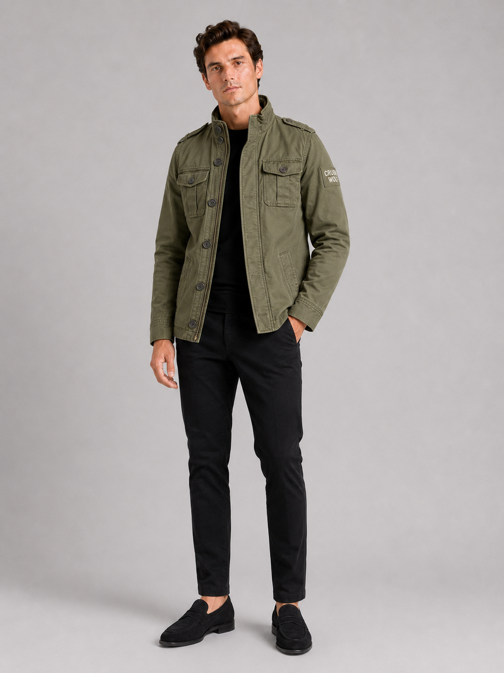 Green military cargo jacket for men stand collar workwear coat for outdoor and everyday wear