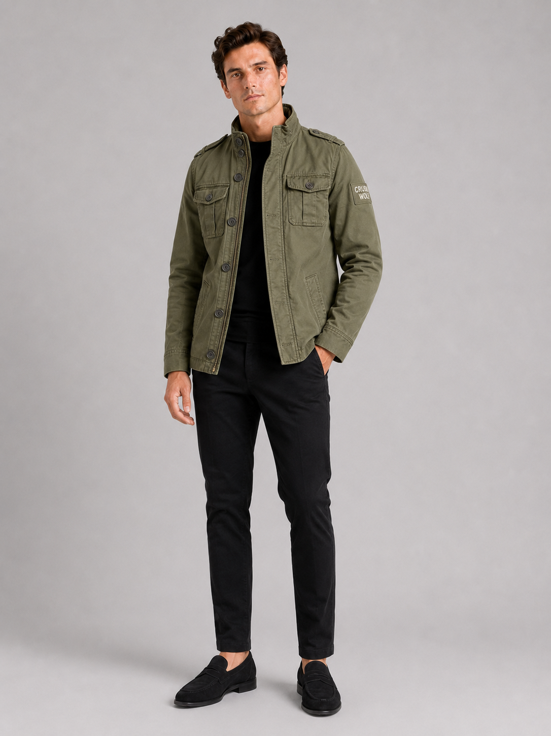 Green military cargo jacket for men stand collar workwear coat for outdoor and everyday wear