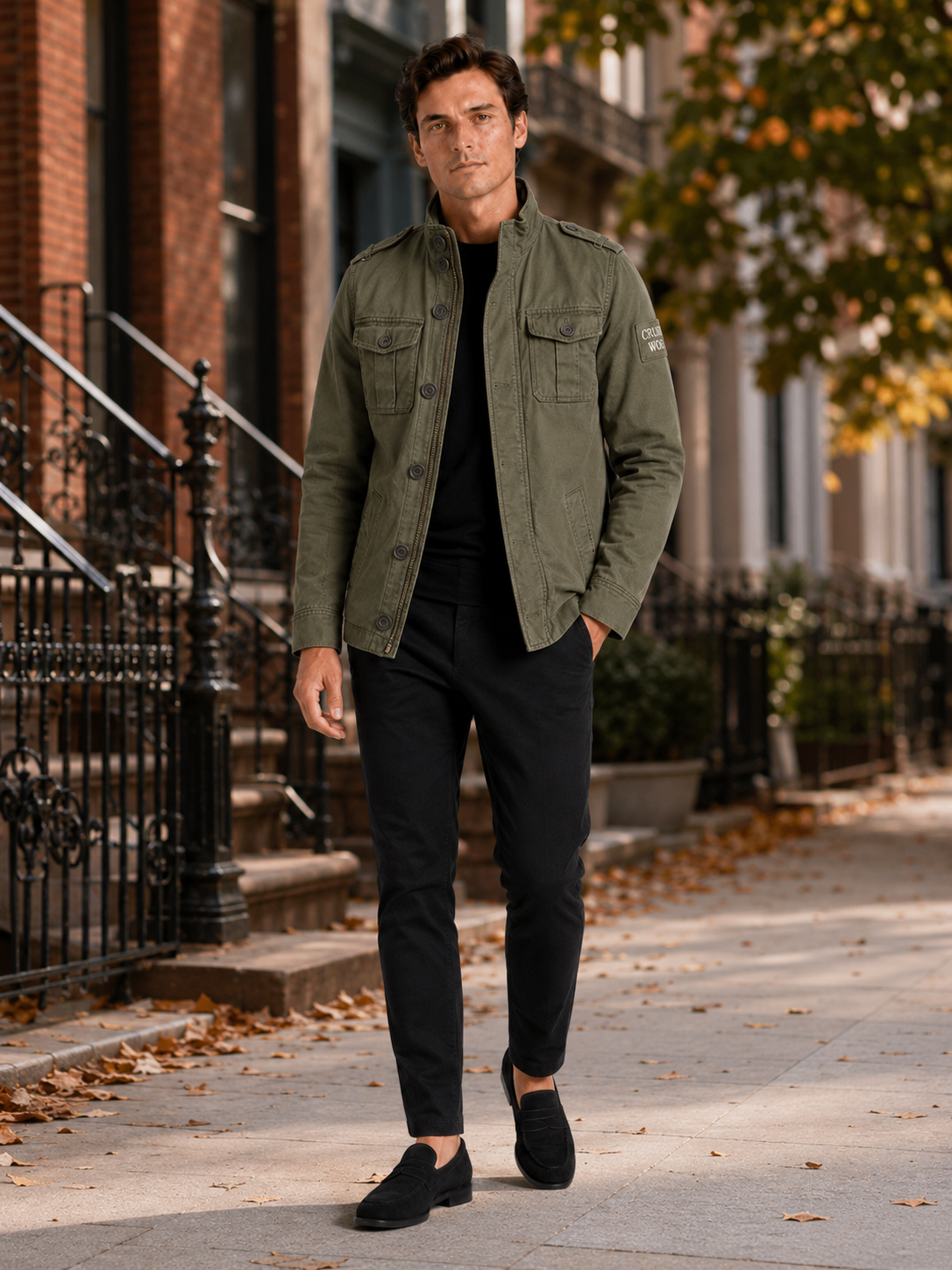 Man styling green military cargo jacket in a practical outdoor and workwear lifestyle outfit