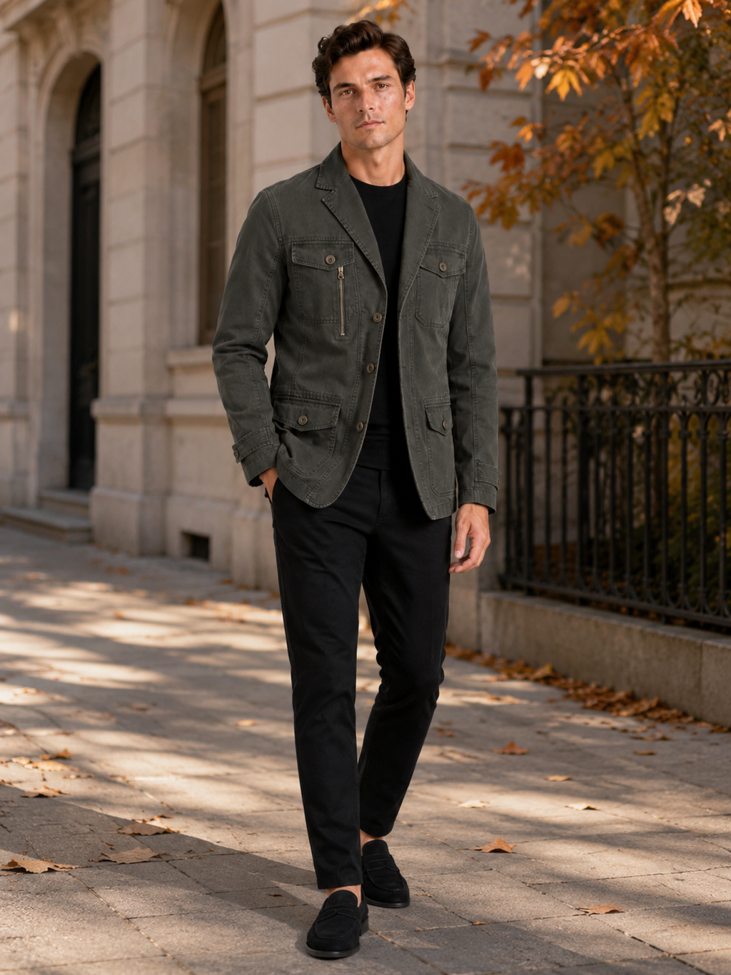 Man styling green military jacket in a rugged outdoor work and everyday lifestyle outfit