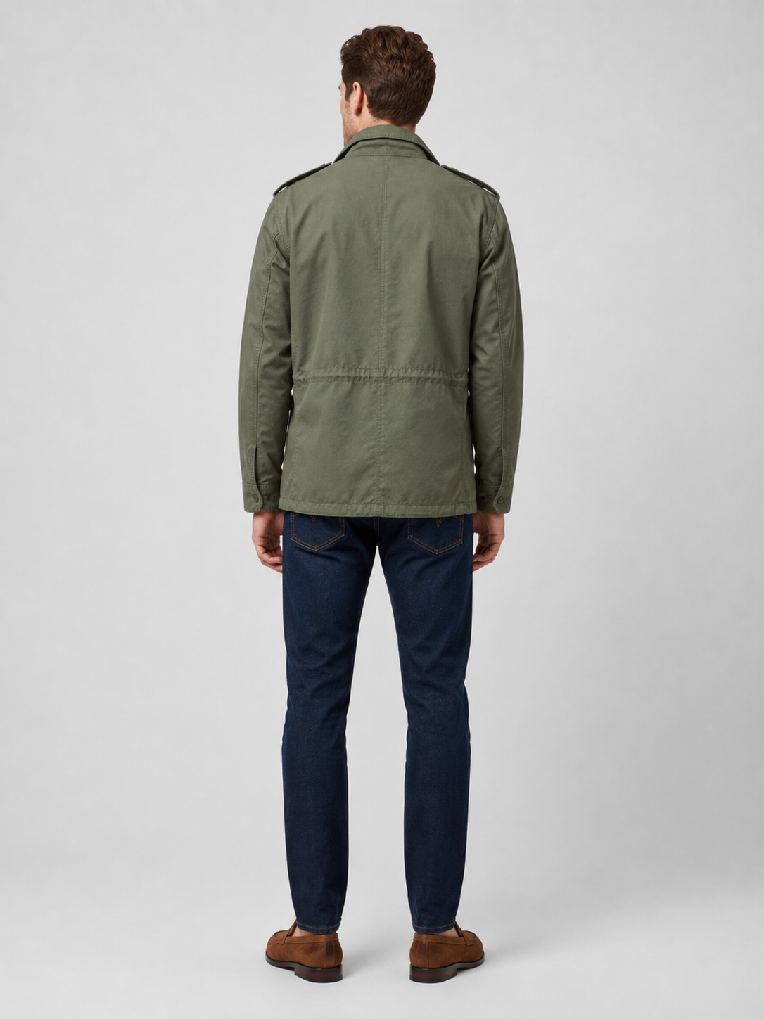 Men’s green multi pocket military jacket comfortable fall layer for hiking, work, and casual outfits