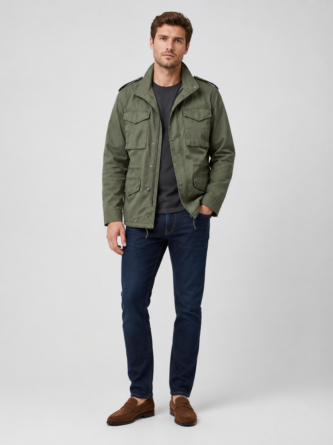 Green military field jacket for men 100 percent cotton casual outerwear for outdoor and everyday wear
