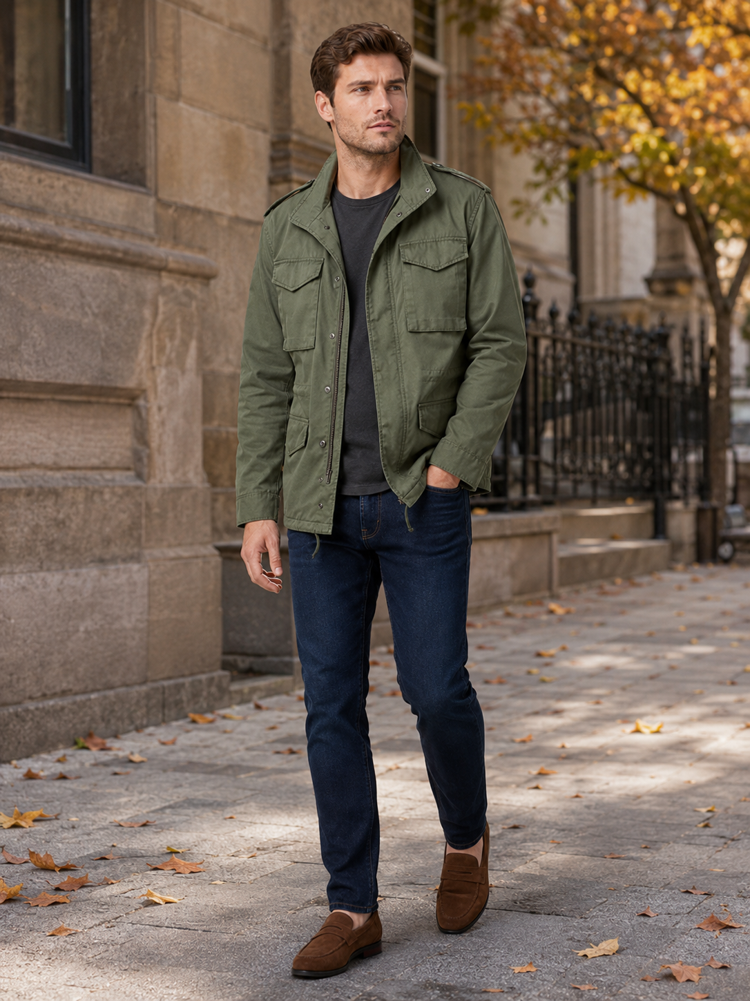 Man styling green military field jacket in a rugged outdoor and everyday lifestyle outfit