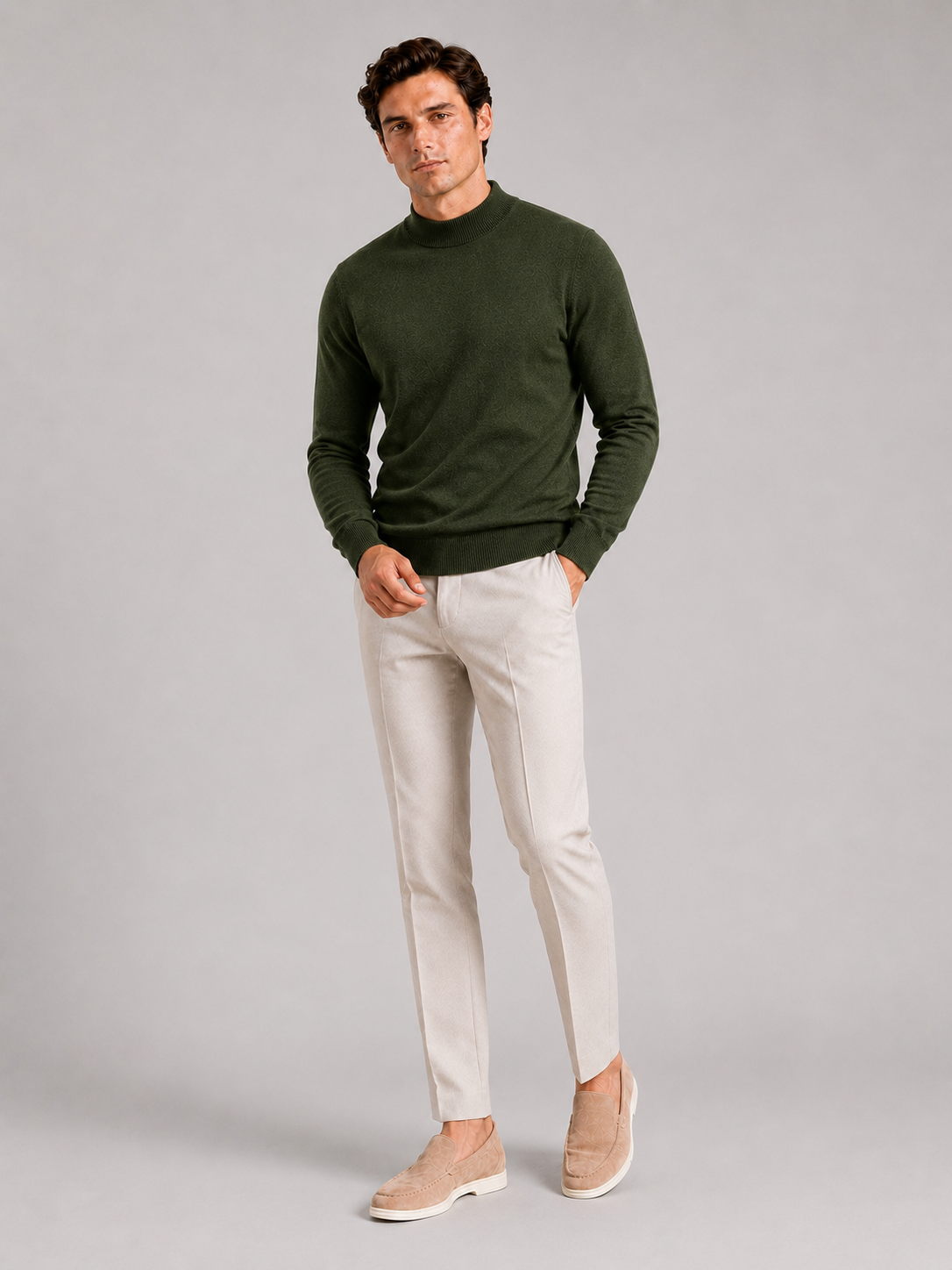 Men’s green knit pullover warm slim fit sweater for casual cold weather outfits