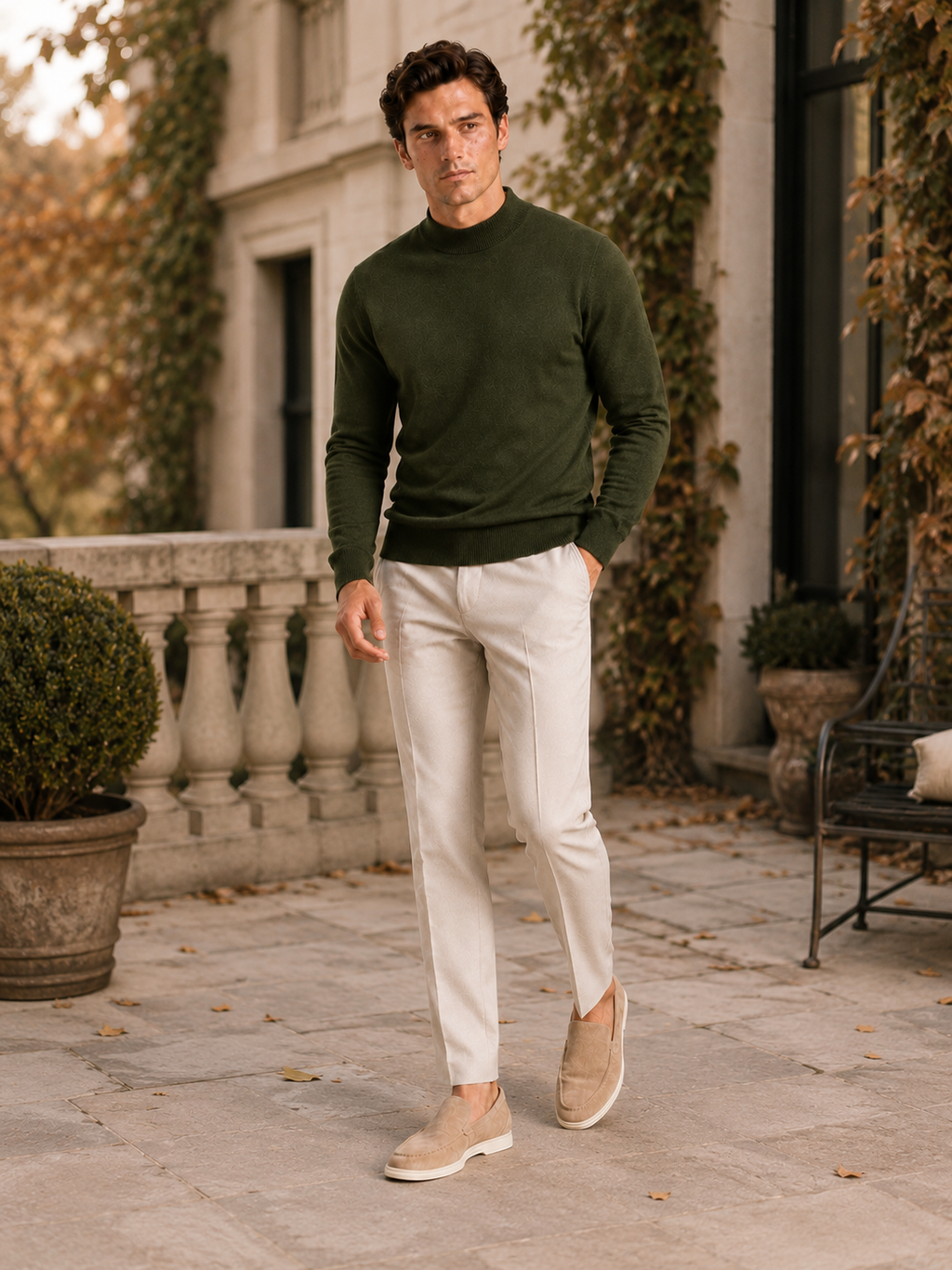 Man styling green mock neck sweater in a relaxed winter lifestyle outfit