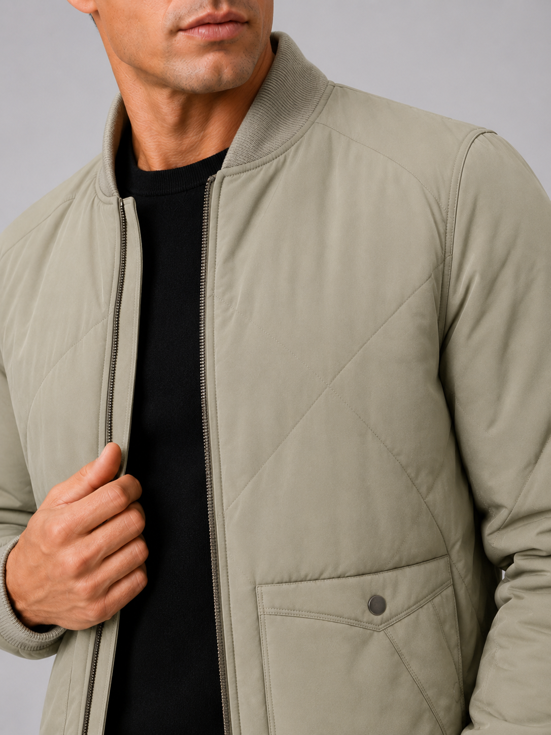Close up of green padded baseball jacket showing insulated cotton fabric and snap front detail