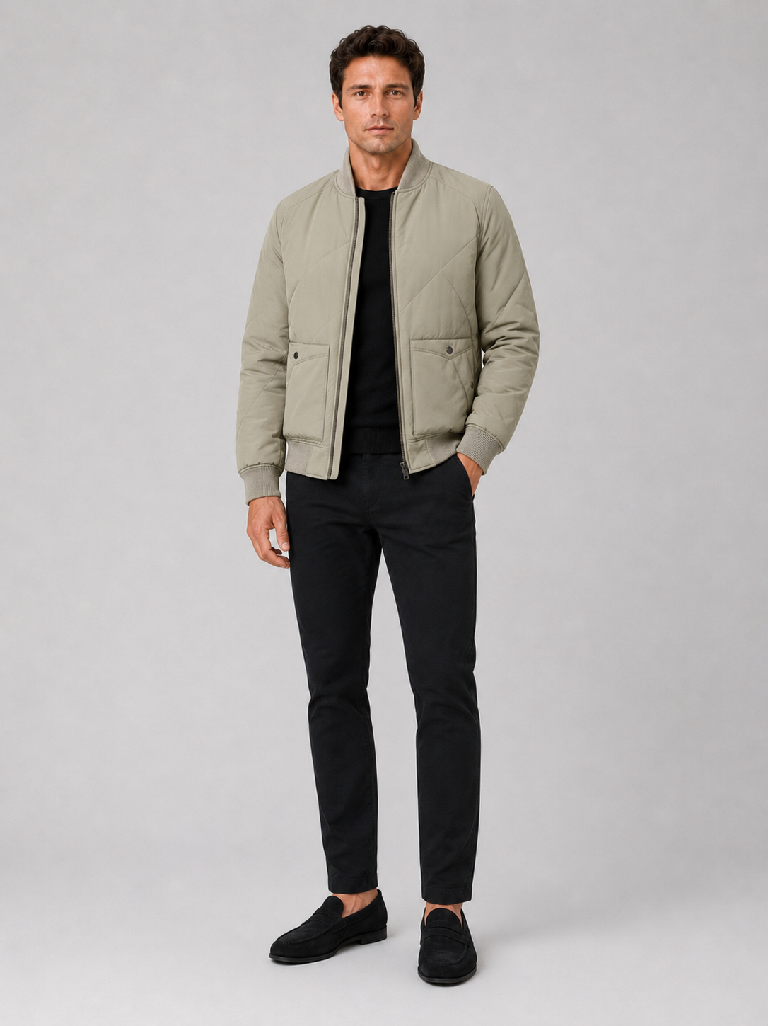 Green padded baseball jacket for men warm outerwear for everyday and outdoor wear