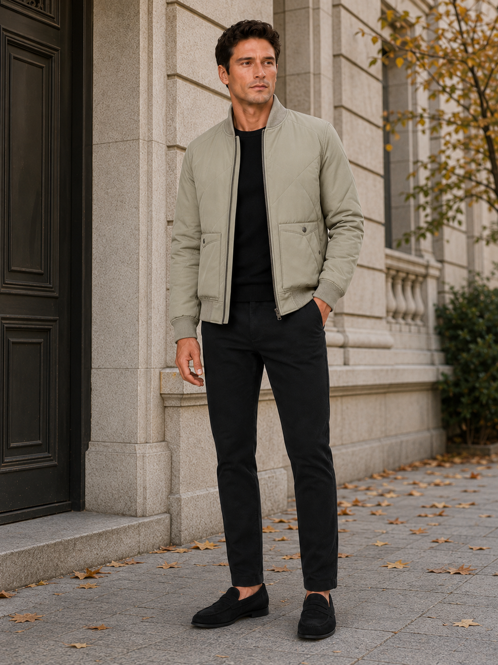 Man styling green padded baseball jacket in a refined outdoor and everyday winter lifestyle outfit