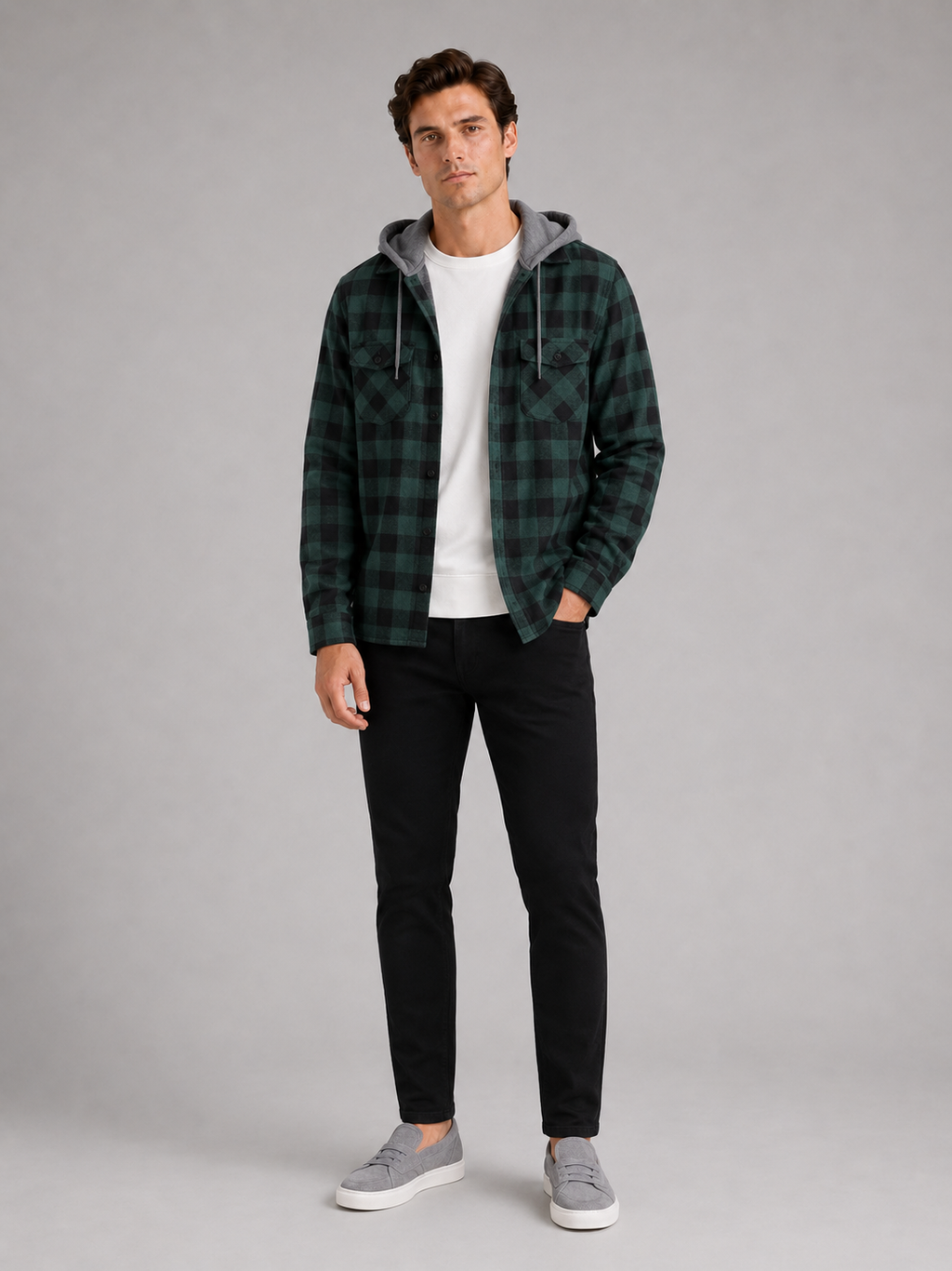 Green plaid hooded flannel shirt jacket for men warm fall layer for outdoor wear