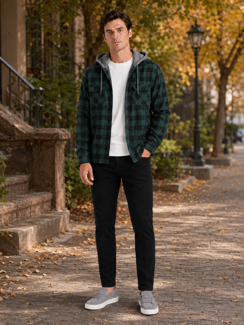 Man styling green plaid hooded flannel jacket in a relaxed fall outdoor lifestyle outfit