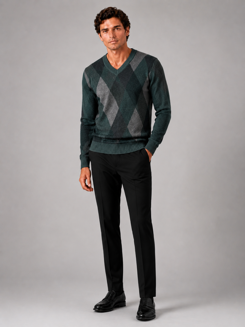 Green plaid v neck sweater for men long sleeve pullover for everyday fall wear