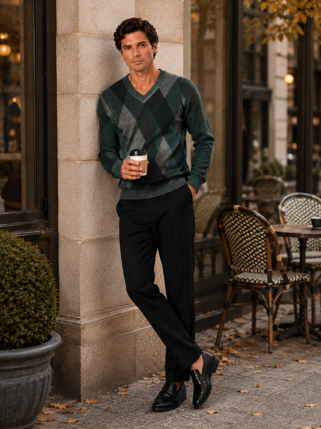 Man styling green plaid v neck knit sweater in a relaxed fall lifestyle outfit