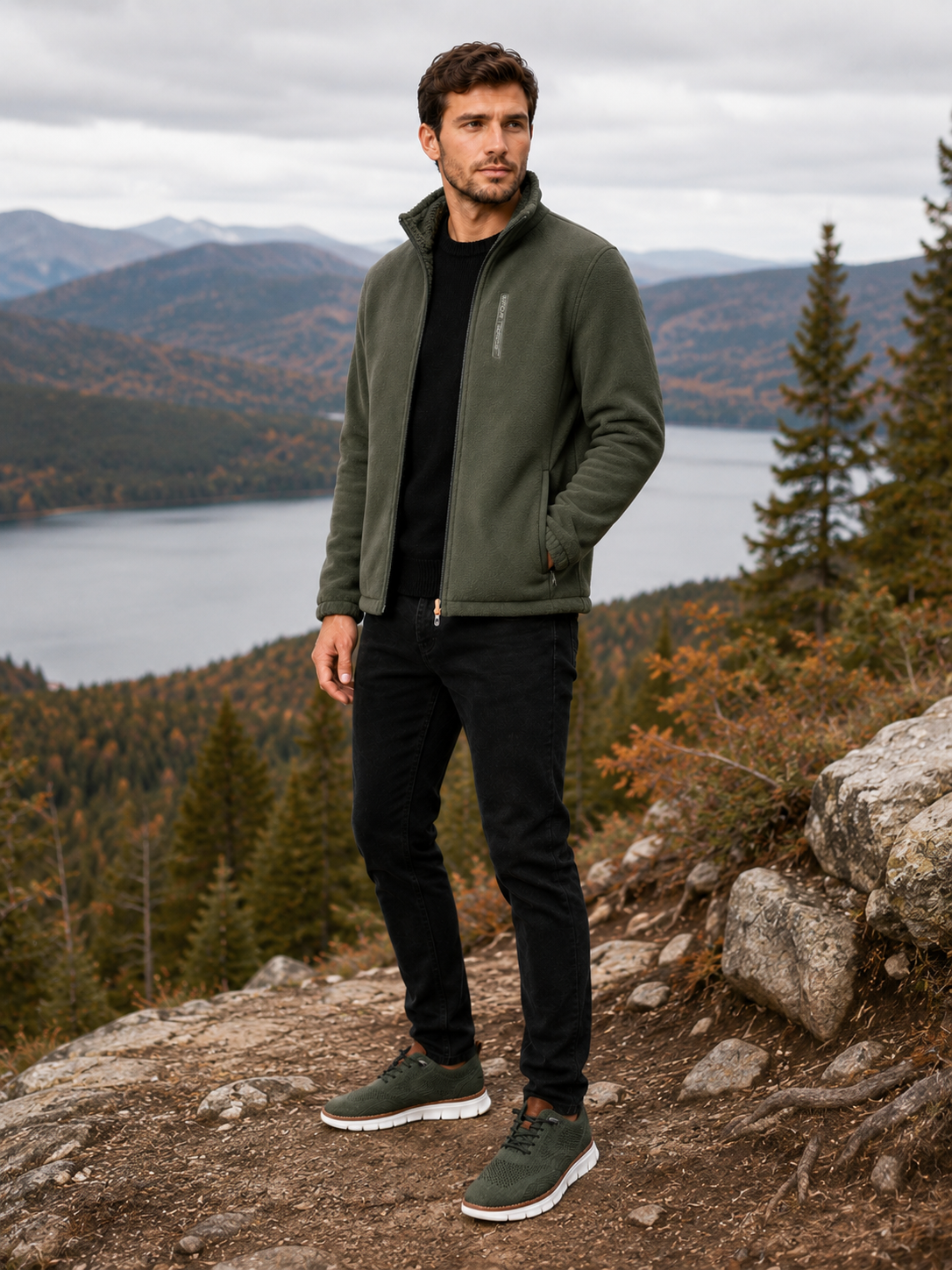 Man wearing a green polar fleece jacket for hiking and outdoor activities in cold fall and winter weather