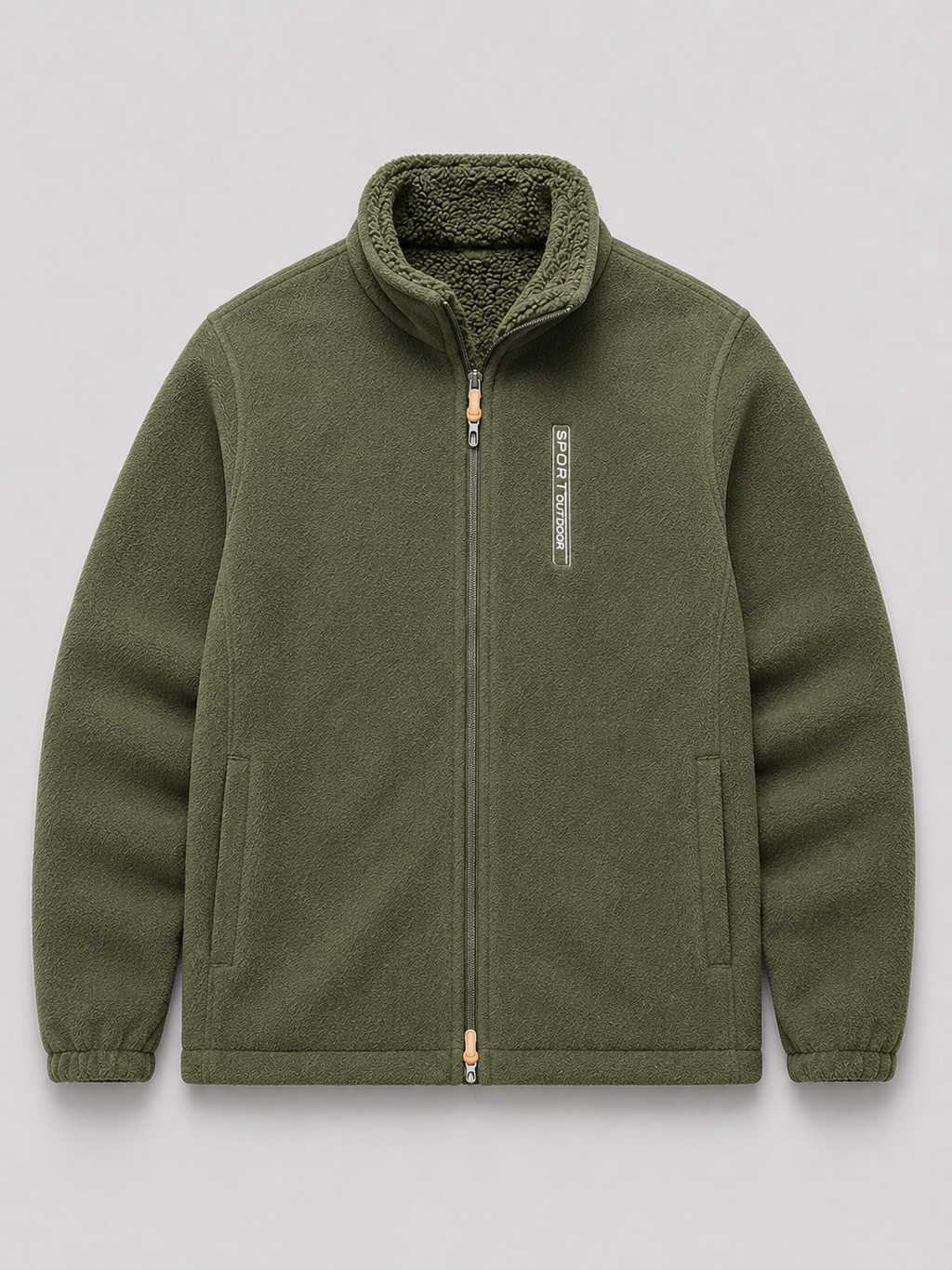 Green men’s polar fleece jacket with a full zip front, stand collar, and thick insulated design displayed on a plain background