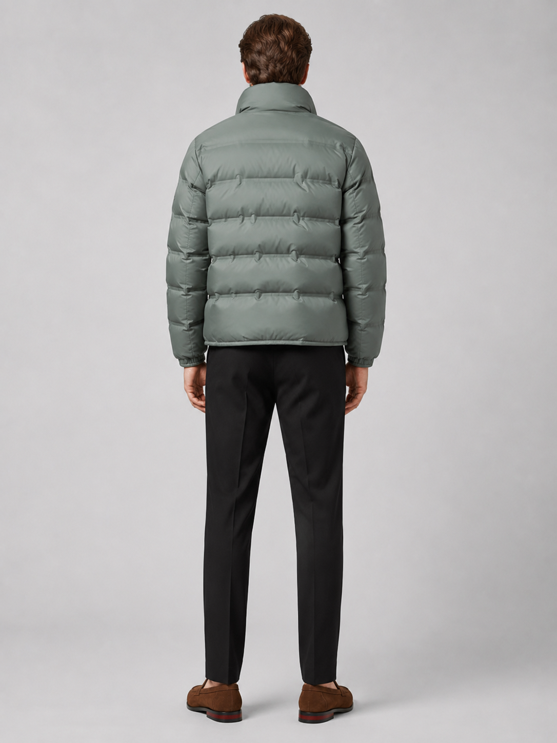 Men’s green insulated down jacket comfortable cold weather outerwear for hiking, travel, and casual outfits