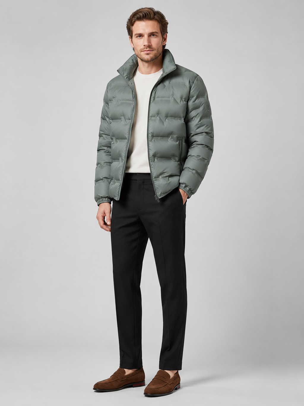 Green white duck down puffer jacket for men thick warm winter coat for outdoor and everyday wear