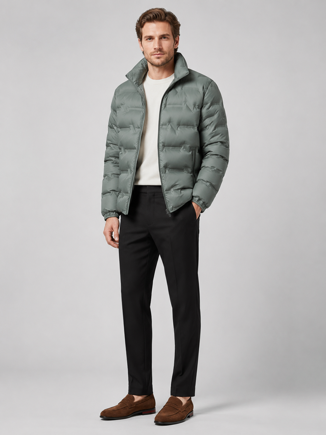 Green white duck down puffer jacket for men thick warm winter coat for outdoor and everyday wear