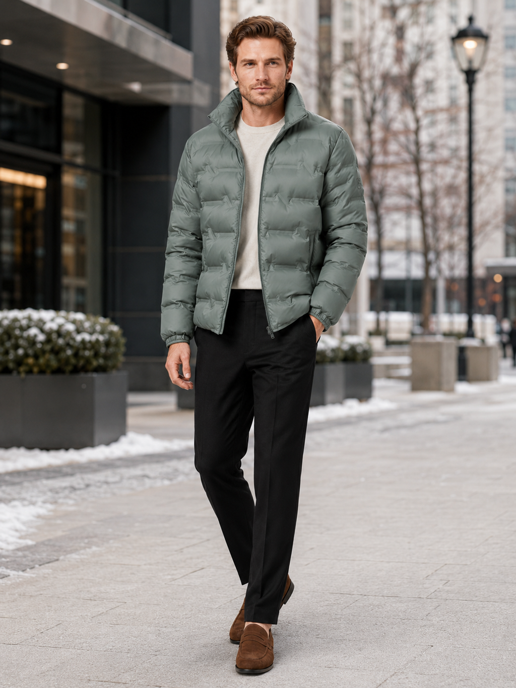 Man styling green white duck down puffer jacket in a rugged outdoor and everyday winter lifestyle outfit