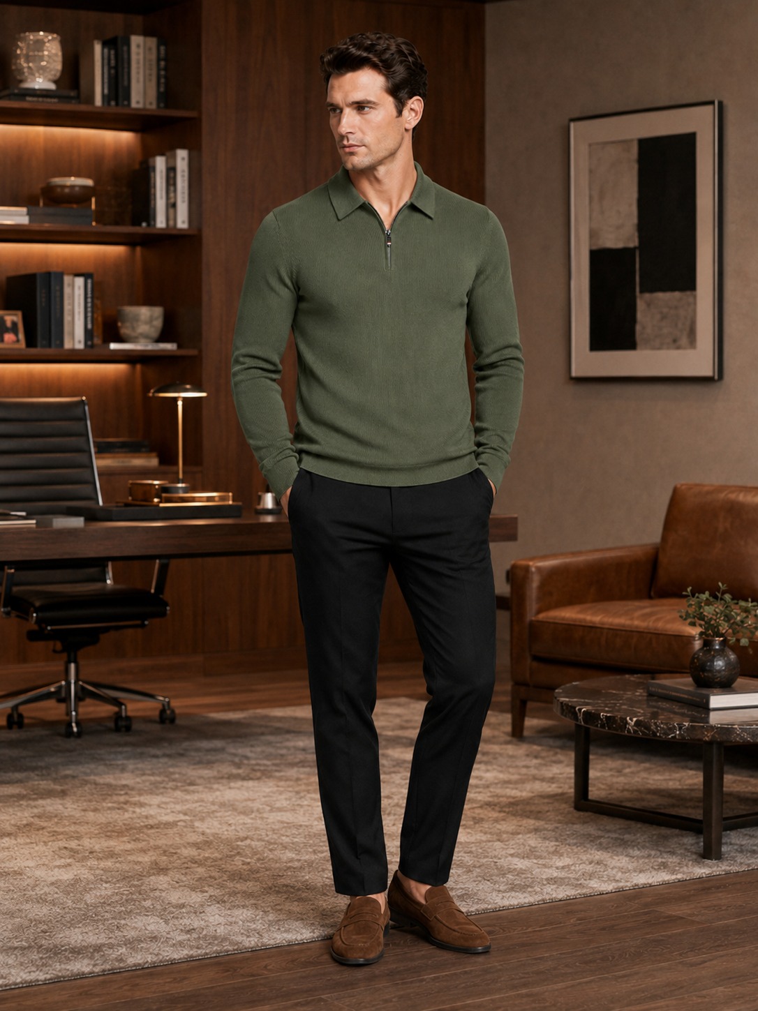 Man wearing a green quarter zip long sleeve polo in a refined business casual office outfit for fall