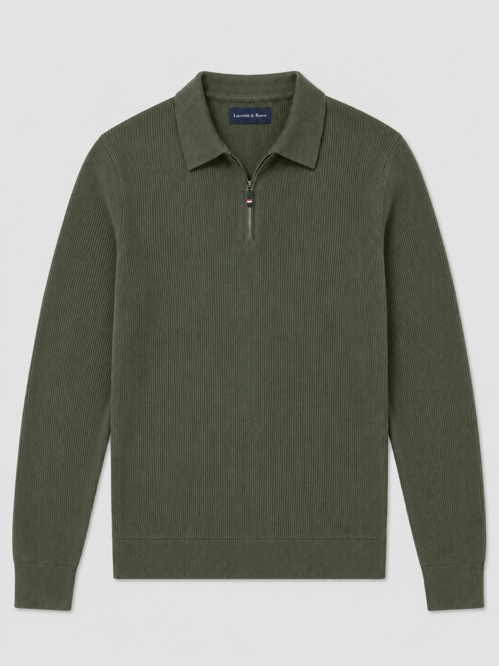 Green men’s quarter zip long sleeve polo with a lapel collar displayed on a plain background