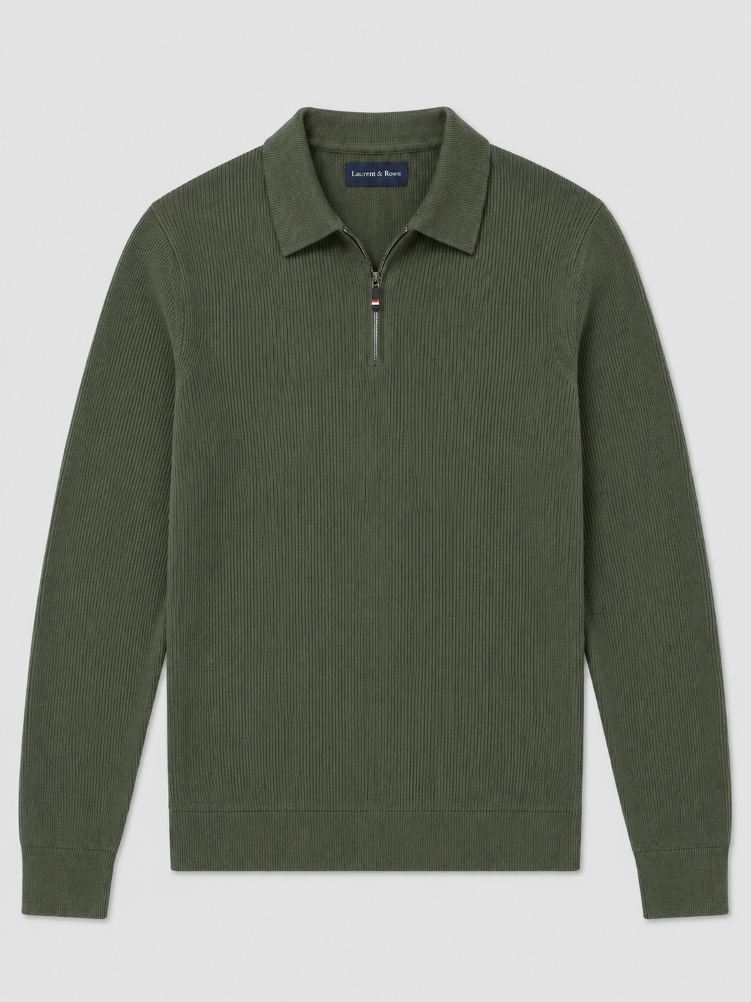 Green men’s quarter zip long sleeve polo with a lapel collar displayed on a plain background