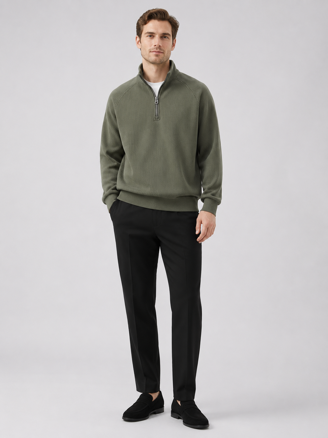 Green quarter zip sweater for men loose fit fall pullover for everyday wear